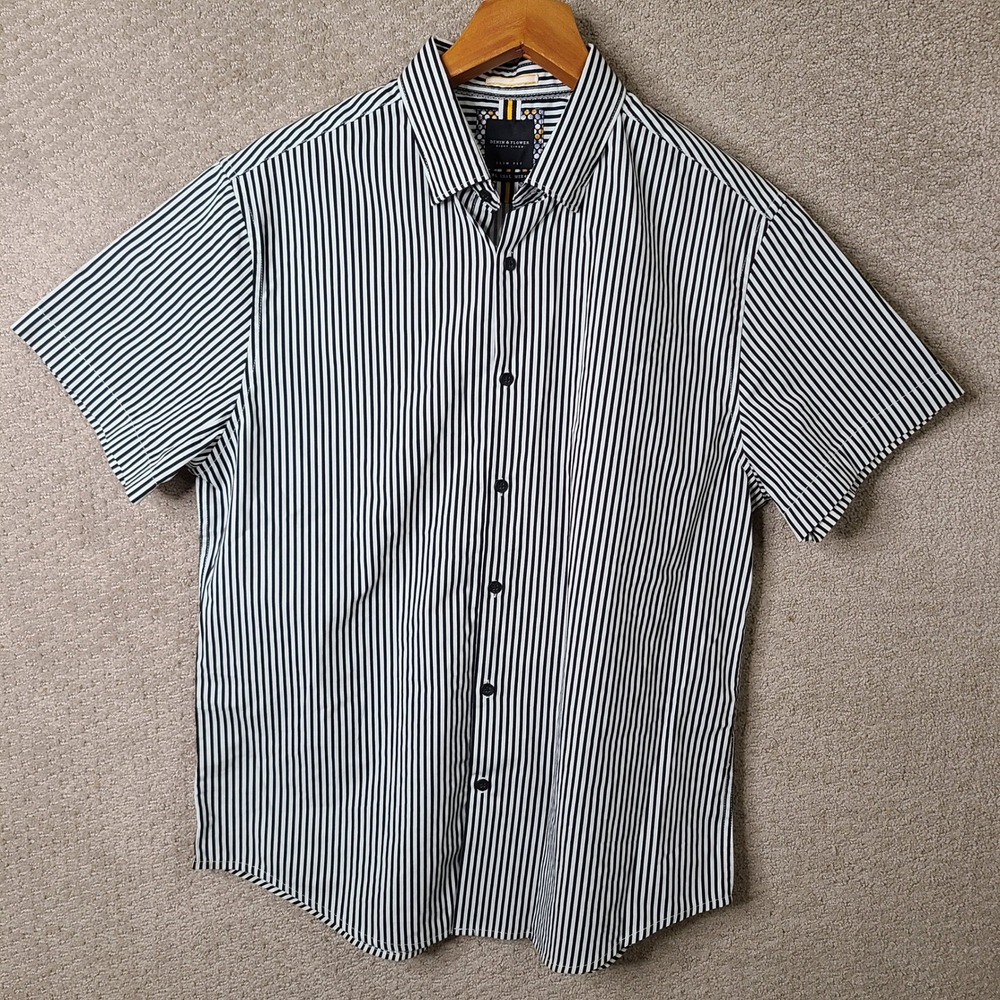 Denim & Flower Shirt Mens Large Black White Striped Slim Fit Button Up Cotton
